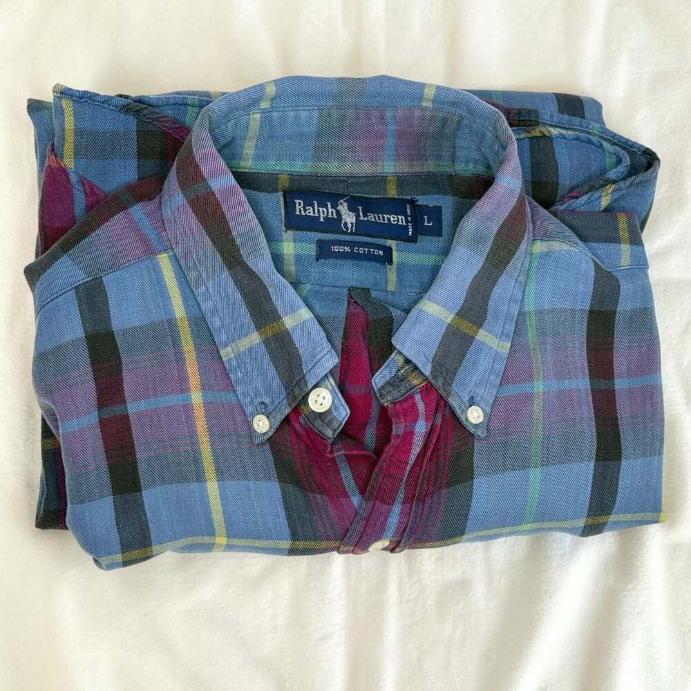 Ralph Lauren Men's Long Sleeve Plaid Cotton Shirt Blue/Purple/Yellow, Size Large